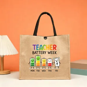 Jute Tote Bag Cartoon Teacher Alphabet Printed Flax Burlap Handbag Large Capacity Eco Friendly Shopping Top Handle Bag For Gift Women