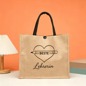 Jute tote bag detail view, teacher gift print design, large capacity casual handbag.