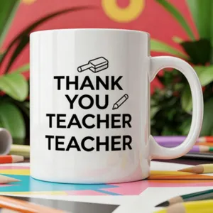 Taza de café de cerámica blanca con texto de agradecimiento para profesores y gráficos.