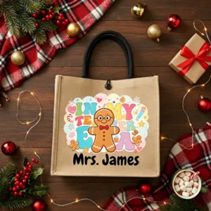Custom jute tote bag detail view, teacher gift burlap handbag with gingerbread print, durable holiday accessory.