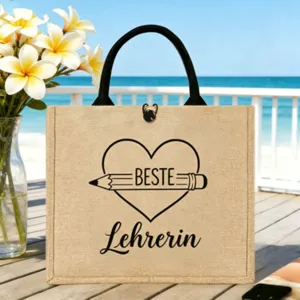 Personalisierte Lehrerin Jute Tasche mit Griff, große Kapazität Strand Einkaufstasche.