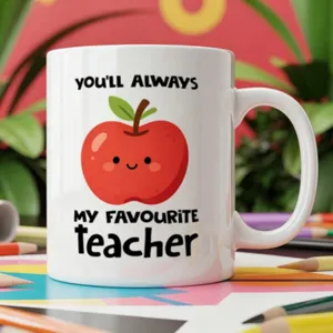 White ceramic coffee mug with cute apple graphic and teacher appreciation quote for gift.