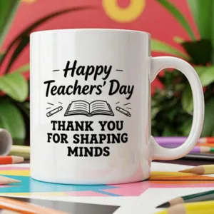 Tasse a cafe en ceramique motif professeur detail, graphique livre crayon noir blanc.