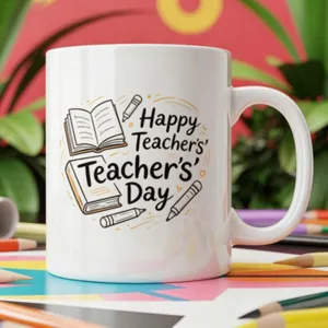Ceramic coffee mug with cute teacher day book and pencil print for office or school daily use.