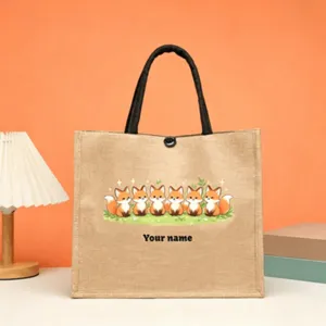 Custom burlap tote bag with cute fox illustration and personalized name print for daily use.