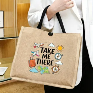 Detailed view of a stylish jute tote bag featuring a travel print and sturdy black handles.