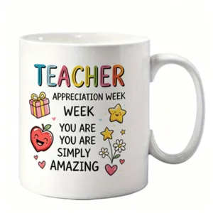 Tasse à café en céramique pour la semaine des enseignants avec de jolis motifs colorés.