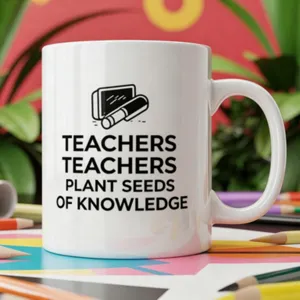 Detalle de taza de café de cerámica blanca con cita de profesor y icono de pizarra.