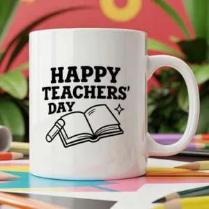 Tasse a café en céramique blanche avec texte Happy Teachers Day et motif de livre et crayon.