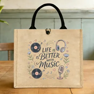 Jute Baumwollleinen Lunchtasche Karikatur Tier Bedruckt Handtasche Büro Aufbewahrung Tote Bag Mit Doppelriemen