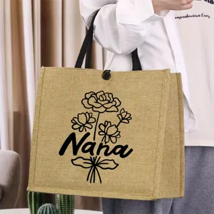 Borsa shopper in iuta con design floreale Nana, resistente borsetta di lino per insegnanti e nonne.