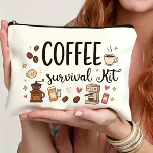 Leinwand Reißverschluss Kosmetiktasche mit Kaffeemotiv für den täglichen Make-up Bedarf.