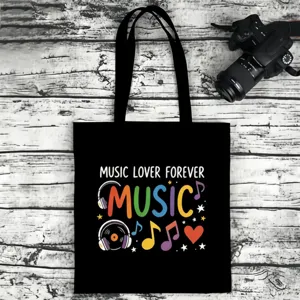 Black canvas tote bag with colorful music lover forever print, casual shoulder bag for daily use.