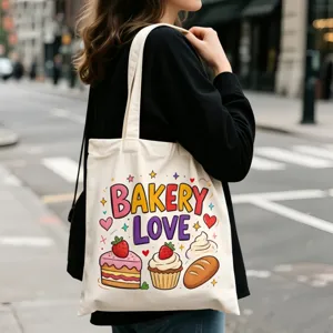 Einkaufstasche aus Baumwolle mit süßem Bäckerei-Kuchen-Druck für den Alltag und Freizeit.