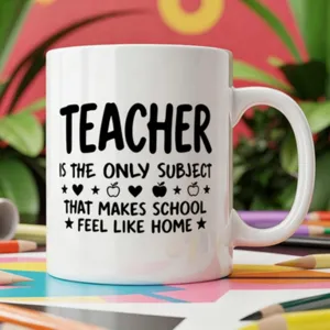 White ceramic coffee mug with teacher theme English text print, perfect for school gifts.