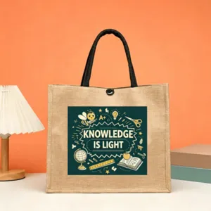 Borsa shopper in iuta con stampa educativa, borsetta da compra resistente per il tempo libero.