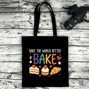 Black canvas tote bag with cute baking English print, casual shoulder bag for daily use.