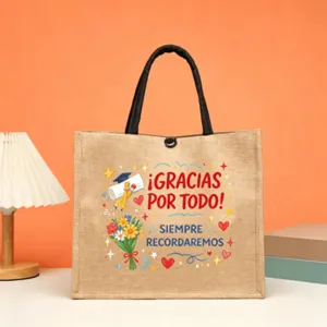 Jute tote bag with Spanish graduation print, large capacity handbag for daily use and gifts.