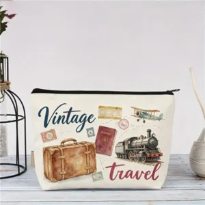 Vintage Reise-Stil Leinwand Kosmetiktasche, Retro Illustration tragbare Make-up-Tasche Alltag.
