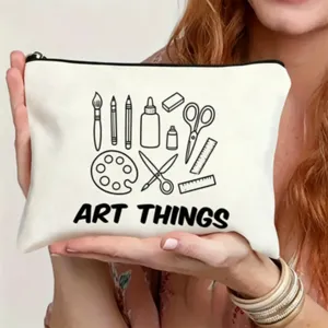 White canvas pouch with art supply line art and text for daily makeup and stationery storage.