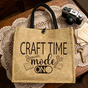 Nahaufnahme der Jutetasche mit englischem Aufdruck, rustikale Textur und robuster Griff.