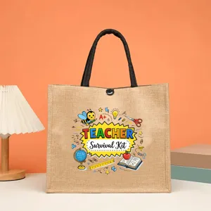 Borsa shopper in iuta con stampa da insegnante, borsa a mano resistente per la scuola.
