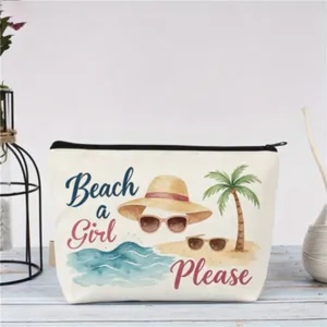 Nahaufnahme des Strandurlaub Kosmetiktasche Details mit Sommerillustration und Reißverschluss.