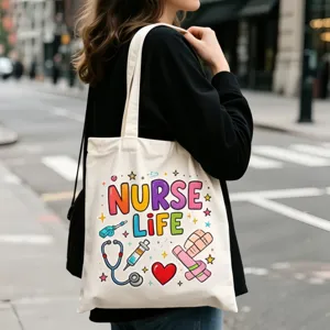 Canvas Tragetasche für Krankenschwestern mit buntem medizinischem Motiv, große Schultertasche.