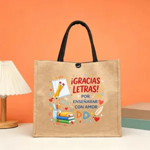 Large capacity jute tote bag featuring Spanish teacher print, stylish and durable everyday handbag.