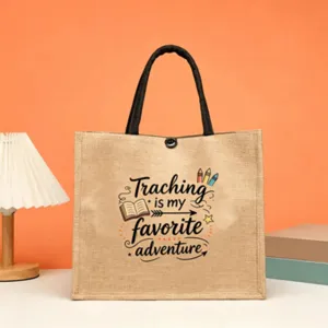 Jute teacher tote bag with custom printed quote, large capacity casual linen handbag for daily use.