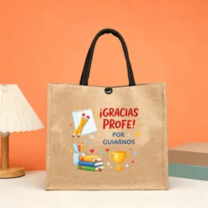 Detailed view of Spanish teacher themed printed jute tote bag with colorful school illustrations.