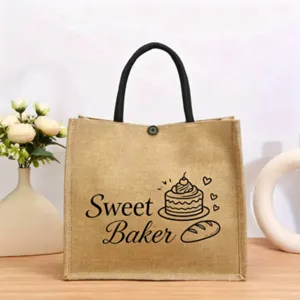 Elegante Jute Tasche mit schwarzen Griffen und dekorativem Aufdruck für den täglichen Einkauf.