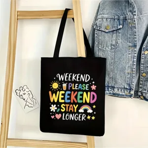 Bolsa tote de lona negra con bonitas letras de dibujos animados y graficos muy coloridos