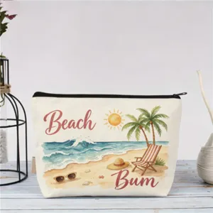 Leinwand Kosmetiktasche mit Strand Aquarell Illustration für Outdoor Reisen und tägliche Aufbewahrung.