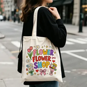 Detailansicht der cremeweißen Canvas-Tragetasche mit buntem Blumenladen-Cartoon-Druck.