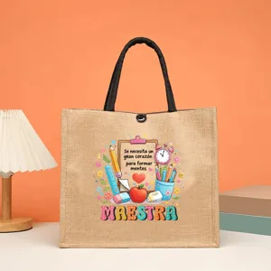 Borsa Tote in Juta Apprezzamento Insegnanti Borsa a Mano in Lino Tema Educativo Manici Neri