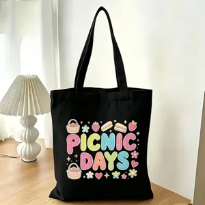 Borsa tote in tela nera con stampa grafica picnic days carina, grande capacità per lo shopping.