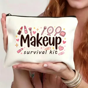Vista di dettaglio della pochette per trucco in tela con graziosa e bella stampa cosmetica.