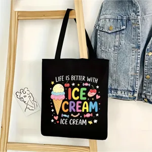 Bolsa de lona negra con lindo estampado de helado, bolso casual espacioso para uso diario.