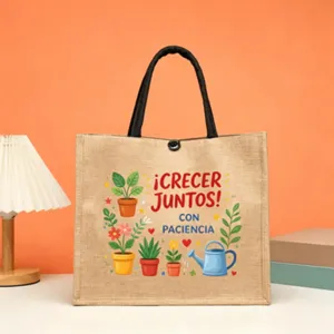 Bolso tote de yute para profesor con estampado de plantas y frase motivacional.