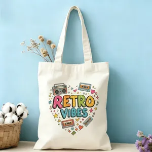 Sac cabas en toile de coton motif musique rétro avec imprimé cassette et boombox coloré.