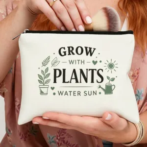 Bolsa de maquillaje de lona con estampado de plantas verdes, estuche con cremallera.