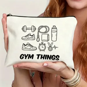 Detail shot of white canvas cosmetic pouch featuring gym fitness line art icons with secure zipper.