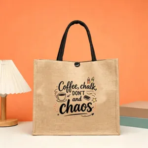 Large capacity jute tote bag with teacher printed design, perfect gift for English teachers.