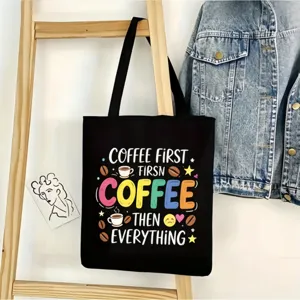 Bolsa tote de lona negra con estampado de café, bolso de hombro informal para uso diario.
