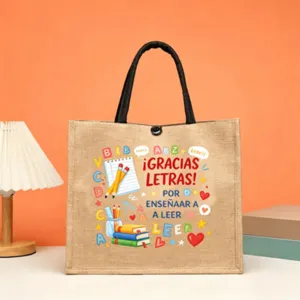 Burlap tote bag with colorful educational print, large capacity handbag for teachers and students.