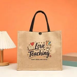 Teacher theme jute tote bag featuring cute print, retro linen shopping handbag for daily use.