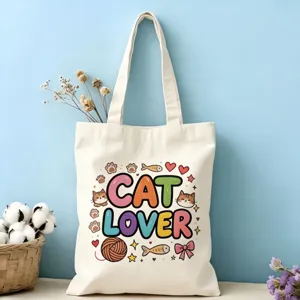 Sac cabas en toile avec imprimé chat coloré, sac d'épaule éco-responsable en coton.