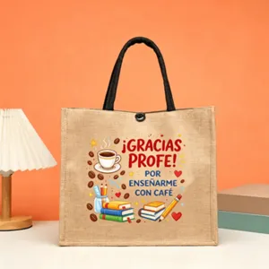 Vista detallada del bolso de yute con gráfico en español de agradecimiento y café.