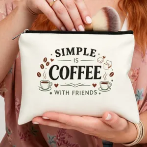 Bolsa de maquillaje de lona con estampado de café, estuche con cremallera para uso diario.